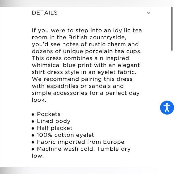 Tuckernuck China Blue Porcelain Eyelet Cotton Button Front Midi Dress Size S - Picture 15 of 15